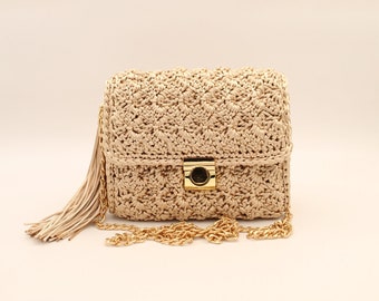 Handmade Luxury Crochet Crossbody Purse, Elegant Beige Clutch Bag for Parties, Weddings and Everyday Use