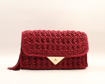 Burgundy Crochet Clutch, Wedding Bag, Crossbody Shoulder Bag
