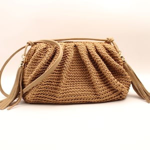 Camel Pouch Bag, Summer Crochet Handbag, Luxury Woven Handbag, Camel Shoulder Bag for Women, Summer Ladies Handbag Camel