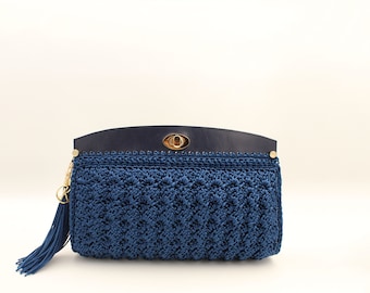 Bolso de mano azul de ganchillo, bolso de piel, bolso de noche con forro de seda