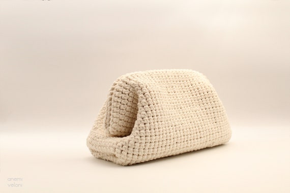 White Dumpling Pouch Bag, Cloud Handknitted Summer Bag, Fashion Crochet Designer Inspired Clutch