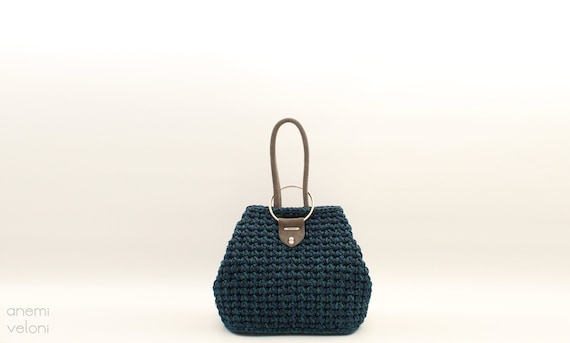 Crochet Knot Bag, Blue Top Handle, Leather Bottom Handmade Bag