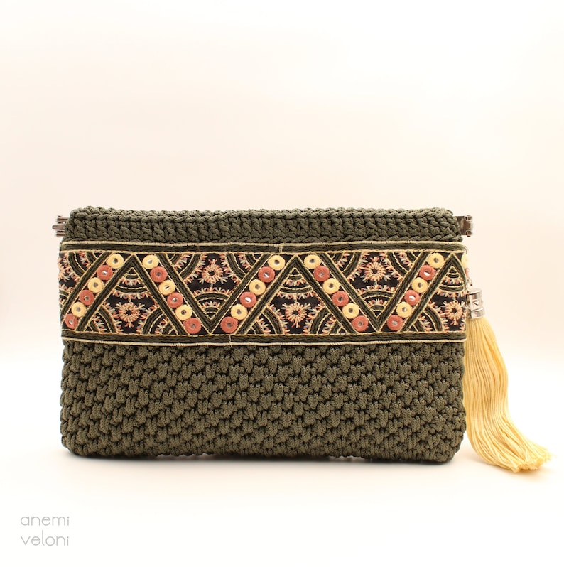 Broderad virkad kuvertväska, etnisk boho-handväska, handgjord bild 5