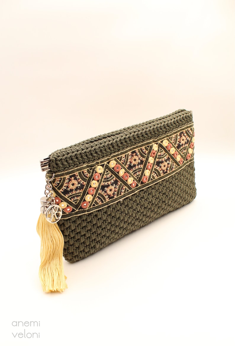 Broderad virkad kuvertväska, etnisk boho-handväska, handgjord bild 6