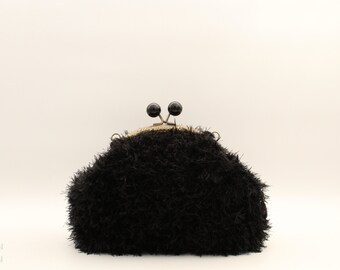 Crochet Fur Crossbody Bag, Fluffy Black Clutch, Handmade