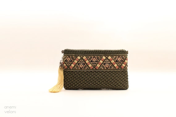 Embroidered Crochet Clutch Bag, Ethnic Boho Handbag, Handmade