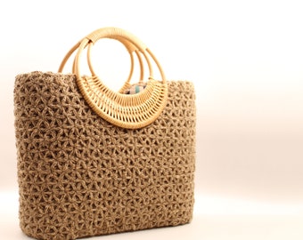 Handmade Crochet Jute Basket Bag with Bamboo Handle in Tan - Summer Tote or Shoulder Bag