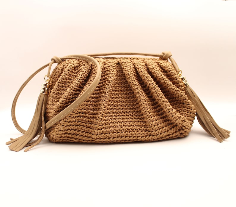 Camel Pouch Bag, Summer Crochet Handbag, Luxury Woven Handbag, Camel Shoulder Bag for Women, Summer Ladies Handbag Camel