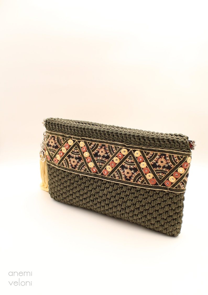 Broderad virkad kuvertväska, etnisk boho-handväska, handgjord bild 7