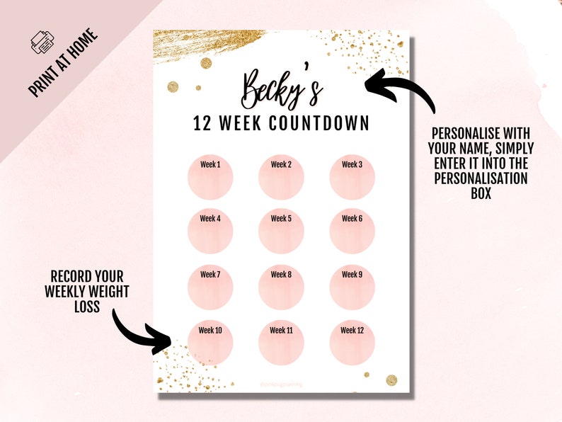 Personalised Personalisable Name 12 Week Weight Loss Countdown Tracker Motivational Printable Tool For Wall/Planner A4 For SW, WW, Noom image 1