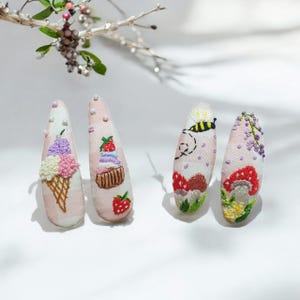Mushroom embroidered hair clip,Icecream handmade  hair clips, Embroidered hair barrets, mushroom embroidery, lady embroidery