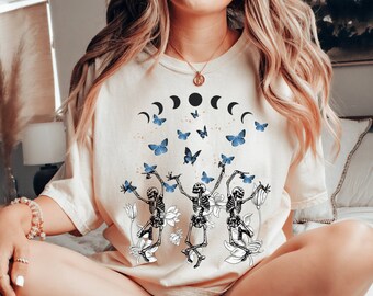 Retro Halloween Dancing skeletons Comfort Colors Shirt Cottagecore Mystical  T shirt Witchy Fall Clothing Pastel Goth Gothic Aesthetic