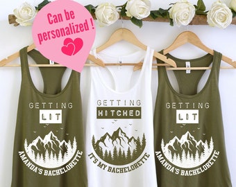 Camp Bachelorette Party Tanks Custom Name Camping Bridal Party Shirts Getting Hitched Getting Lit Bridesmaids Cabin Rustic Outdoor Bach