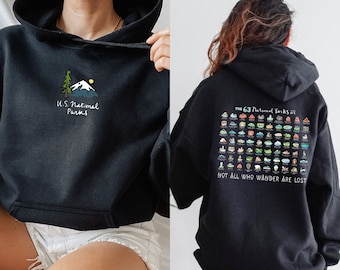 63 US National Parks Hoodie USA Road Trip Sweatshirt National Park Graphic Back Print Pullover Hoodie Family Vacation Camping Shirt Gift