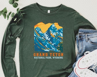 Teton National Park shirt Grand Teton Wyoming Vintage Retro Long Sleeve Unisex  WPA Graphic Hiking Camping Gifts Camp Gift for her him