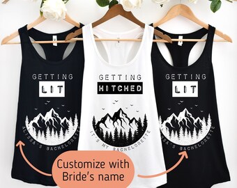 Custom Name Bachelorette Shirts Tanks Camp Cabin Mountain Camping Personalized Bridesmaid Tank Tops Getting Hitched Lit Rustic Outdoor
