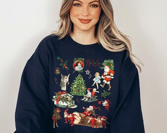May include: A navy blue sweatshirt with a vintage Christmas design featuring a Christmas tree, Santa Claus, elves, and the text "Ho Ho Ho".