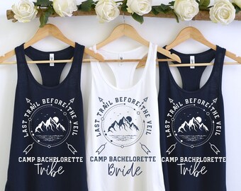 Camp Bachelorette Cabin Camping Bach Party Tanks Last Trail before the Veil Navy Bridesmaids Tees Rustic Outdoor Hiking Bridal party Shirts