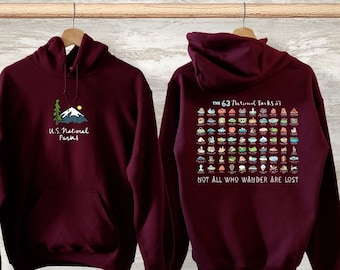 63 US National Parks Hoodie USA Road Trip Sweatshirt National Park Graphic Back Print Pullover Hoodie Family Vacation Camping Shirt Gift