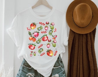 Strawberry Shirt Cottagecore clothing Strawberry Top Garden Shirt Aesthetic Clothing Cottagecore Clothes Botanical Shirt Strawberry Print