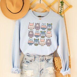 May include: Light blue sweatshirt with a pattern of 16 owls in various shades of pink, blue, and gray. The owls have different patterns and designs on their bodies.