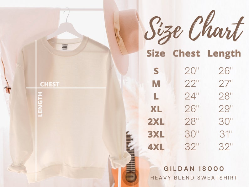 K&ouml;nnte beinhalten: Gr&ouml;&szlig;entabelle f&uuml;r ein Gildan 18000 Heavy Blend Sweatshirt. Die Tabelle zeigt Brust- und L&auml;ngenma&szlig;e in Zoll f&uuml;r die Gr&ouml;&szlig;en S bis 4XL.