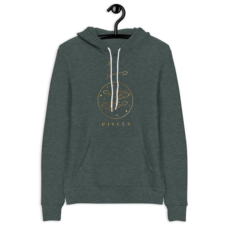 May include: A dark green hoodie with a gold Pisces zodiac symbol and the word "Pisces" printed on the front.