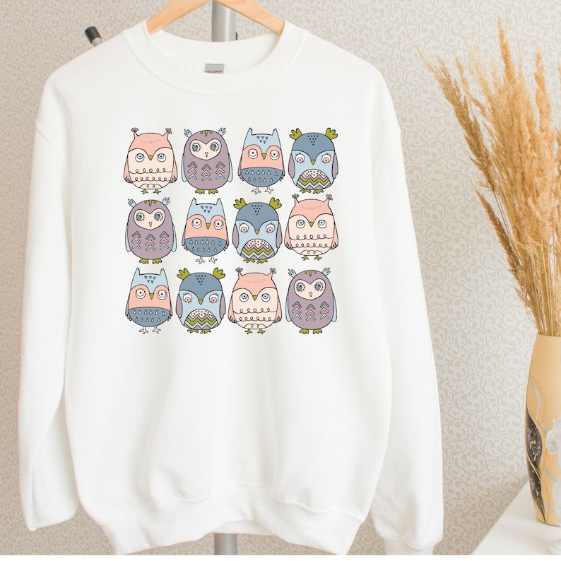 May include: White sweatshirt with a pattern of colorful owls. The owls are all different colors and have different patterns on their bodies.
