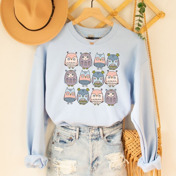 OWL Sweatshirt Boho Animal Print Sweater Pastel Retro College Sweatshirt Fall Winter apparel Trendy Sweatshirt Womens crewnecks