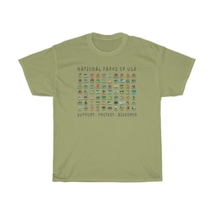May include: A green t-shirt with a graphic of all the National Parks of the USA. The graphic includes a small icon for each park and the text "National Parks of USA" and "Support - Protect - Discover".