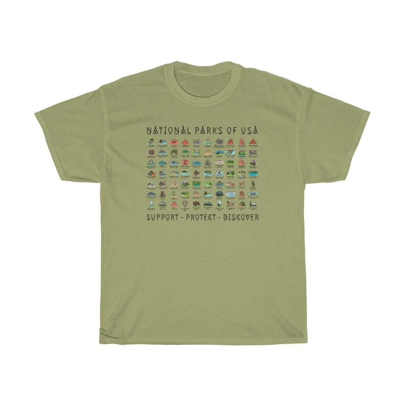 May include: A green t-shirt with a graphic of all the National Parks of the USA. The graphic includes a small icon for each park and the text "National Parks of USA" and "Support - Protect - Discover".