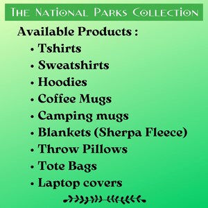 May include: A green background with black text listing available products: Tshirts, Sweatshirts, Hoodies, Coffee Mugs, Camping mugs, Blankets (Sherpa Fleece), Throw Pillows, Tote Bags, Laptop covers.