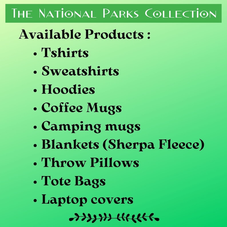 May include: A green background with black text listing available products: Tshirts, Sweatshirts, Hoodies, Coffee Mugs, Camping mugs, Blankets (Sherpa Fleece), Throw Pillows, Tote Bags, Laptop covers.