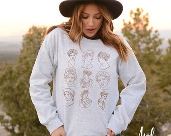 Dark Academia Sweatshirt Literary Bookish Light academia Clothing Greek Statue Busts Crewneck Sweater Preppy Roman God line art Long sleeve