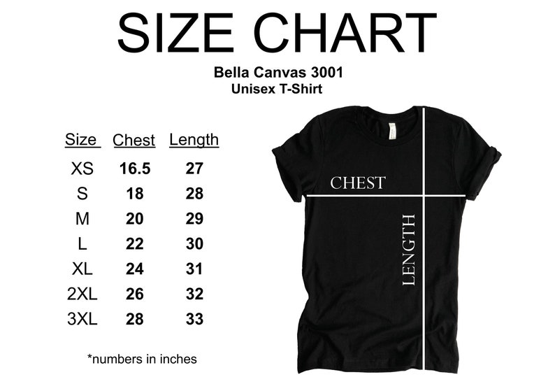 May include: Size chart for a Bella Canvas 3001 unisex t-shirt. The chart shows the chest and length measurements in inches for sizes XS to 3XL.