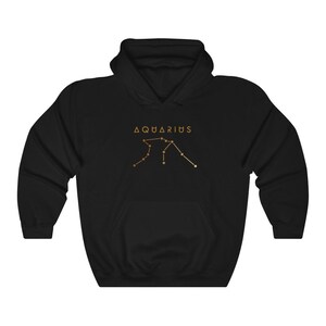 May include: Black hooded sweatshirt with a gold constellation design and the text "AQUARIUS" printed on the front.