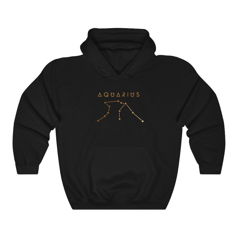 May include: Black hooded sweatshirt with a gold constellation design and the text "AQUARIUS" printed on the front.