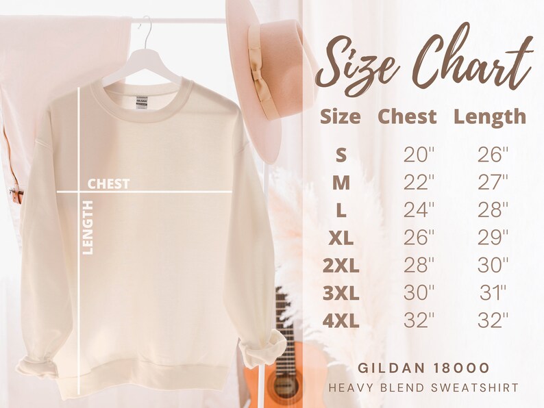 May include: Size chart for a Gildan 18000 heavy blend sweatshirt. The chart shows chest and length measurements in inches for sizes S through 4XL.