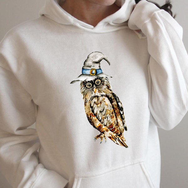 Owl witch hat hoodie Sweatshirt, witchy white hoodie, fall hooded sweatshirt, halloween witch shirt, punk hoodie boho hippie festival wear