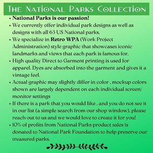 May include: A green background with white text describing a company that creates designs for all 63 US National Parks. The text says "National Parks is our passion!" and "We specialize in Retro WPA (Work Project Administration) style graphic that showcases iconic landmarks and views that each park is famous for."