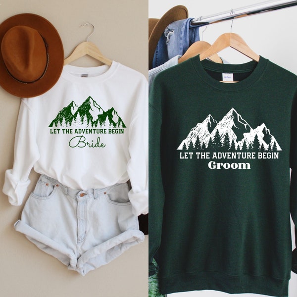 Wedding Elopement announcement shirts Mountain wedding Matching Bride and Groom Sweatshirts Mr and Mrs Newlyweds Crewnecks Gifts Camper