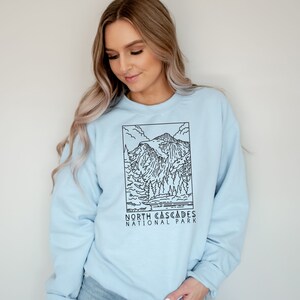 North Cascades National Park Sweatshirt Crewneck Camp Apparel PNW Washington Sweater Pullover Camp Camper Hiker Shirt Gift For Her Him Light Blue