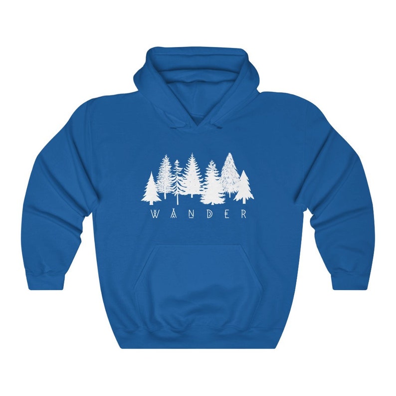May include: A royal blue hooded sweatshirt with a white graphic of a row of trees and the word "WANDER" underneath.