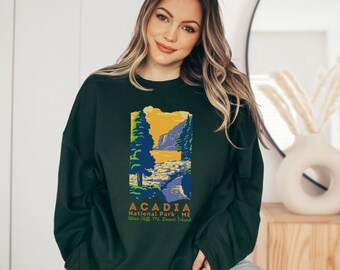 ACADIA FOREST GREEN Sweatshirt Acadia National Park Sweater Maine Vacation Hiking Camping Sweatshirt Hike Camp Gift National Parks road trip