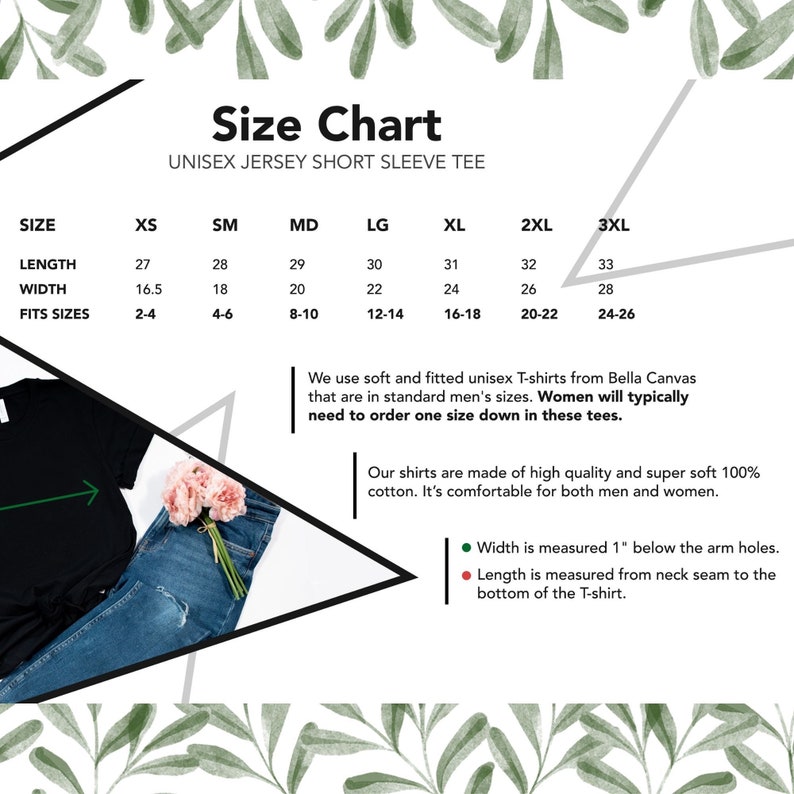 Pu&ograve; includere: Tabella delle taglie per t-shirt unisex a maniche corte in jersey. La tabella mostra le taglie dalla XS alla 3XL con le corrispondenti misure di lunghezza e larghezza in pollici. La tabella include anche una nota che indica che le donne in genere devono ordinare una taglia in meno.
