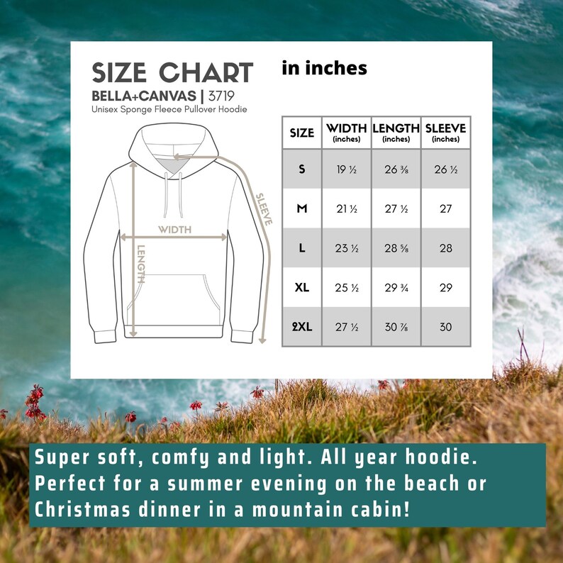 May include: Size chart for a unisex sponge fleece pullover hoodie in sizes S to 2XL. The chart shows width, length, and sleeve measurements in inches.