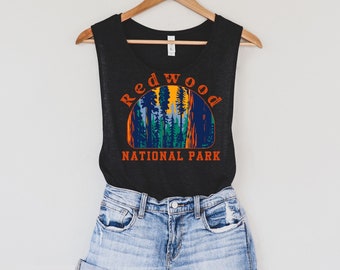 Redwood Park Shirt Muscle Tank California National Park Womens Flowy Scoop Muscle tee Vintage WPA Graphic shirts Hiking Camping Gift