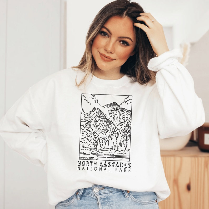 North Cascades National Park Sweatshirt Crewneck Camp Apparel PNW Washington Sweater Pullover Camp Camper Hiker Shirt Gift For Her Him White