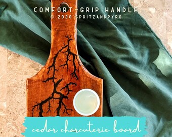 CUSTOMIZABLE Comfort-Grip Handled Board | Electrifying Home Decor | Fractal Burned Charcuterie Serving Board | Cedar Handmade with Love