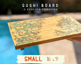 CUSTOMIZABLE Small Sushi Board | Electrifying Home Decor | Fractal Burned Sushi Serving Board with Legs | Spritz and Pyro Handmade with Love